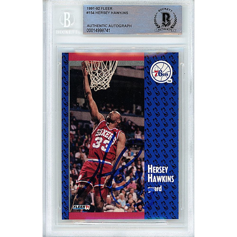 Hersey Hawkins Signed 1991-92 Fleer Basketball Card Beckett Sixers Autograph BAS